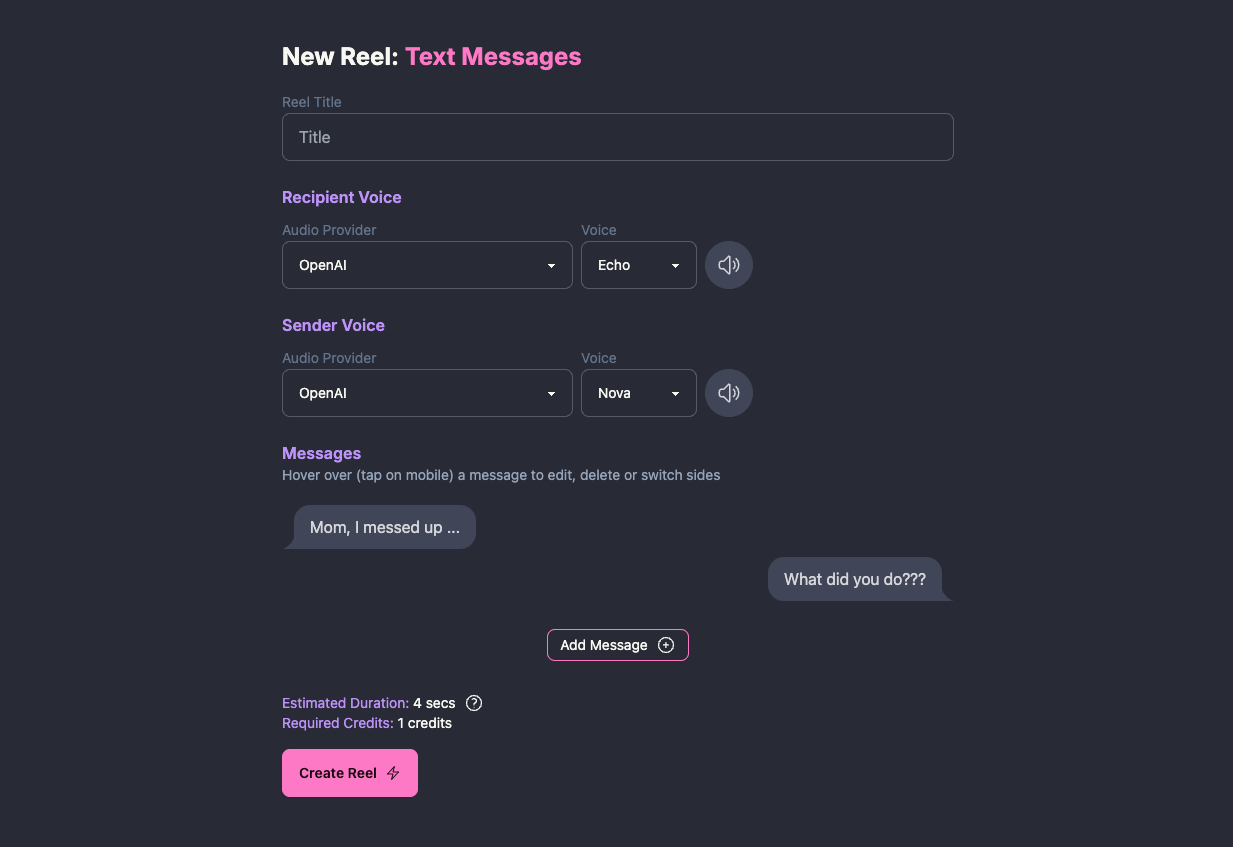 Form for creating a reel with the text messages template